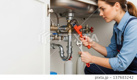 シンク下の水漏れ修理をする女性配管工の作業風景、水道事業者による配管修理とDIYメンテナンス、広告用 137683242