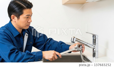 蛇口交換をする配管工の作業風景、水道事業者による水道設備の修理とDIYメンテナンス、広告用コピースペ 137683252
