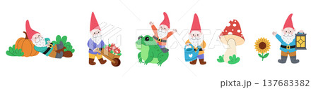 Set of five cartoon garden gnomes. Cute fairy-tale characters. A garden elf. Toadstools, plants, and frogs. Modern hand-drawn vector illustrations. Isolated on a white background. 137683382