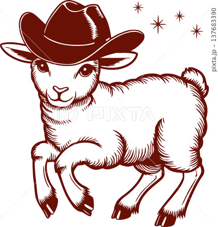 Lamb Wearing Cowboy Hat Cartoon Illustration 137683390