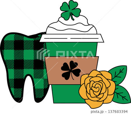 Plaid Tooth, Shamrock Cup, and Yellow Rose Cartoon Illustration Plaid Tooth, Shamrock Cup, and Yellow Rose Cartoon Illustration 137683394