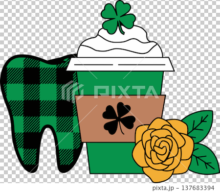 Plaid Tooth, Shamrock Cup, and Yellow Rose Cartoon Illustration Plaid Tooth, Shamrock Cup, and Yellow Rose Cartoon Illustration 137683394