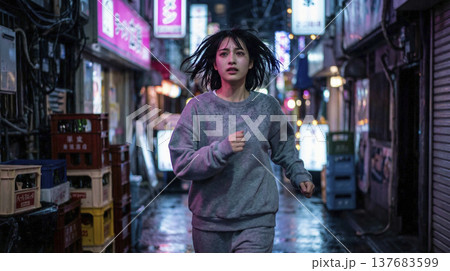 夜の歓楽街の路地裏を必死な表情で走るスウェット姿の女性 137683599