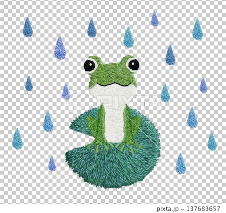 [Frog, Leaf, and Droplet] Hand-embroidered illustration material 137683657