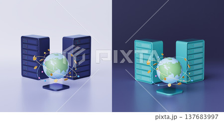 Global data illustration with server and orbiting cryptocurrency symbols around globe 137683997