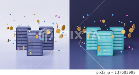 Split-screen illustration of Data center racks with crypto tokens and floating cubes Split-screen illustration of Data center racks with crypto tokens and floating cubes 137683998