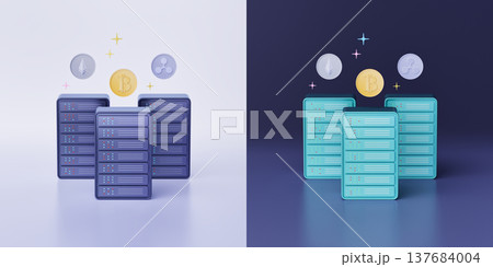 Split-screen illustration of cryptocurrency mining servers 137684004