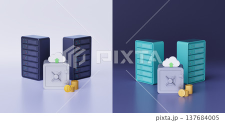 Light and dark composition featuring server racks, vaults, cloud icons, and crypto coins Light and dark composition featuring server racks, vaults, cloud icons, and crypto coins 137684005