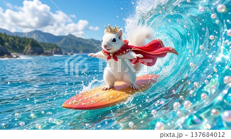 美しい南の海でサーフィンする王冠マントの赤ちゃんシロエゾリス 137684012