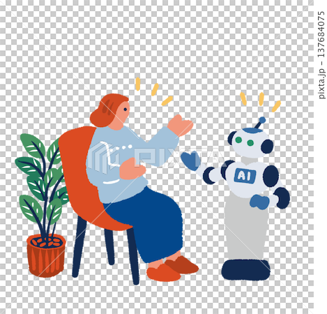 Illustration of a woman conversing with AI (artificial intelligence). 137684075