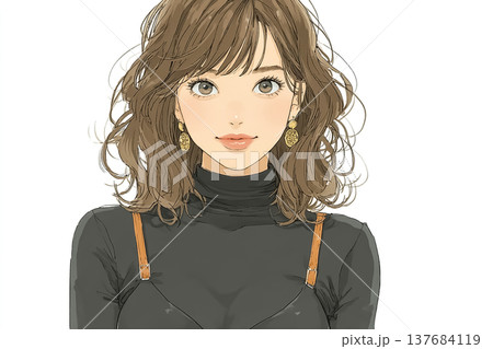 美優シリーズ：黒のトップスを着た若い女性 白背景の上半身イラスト素材 137684119