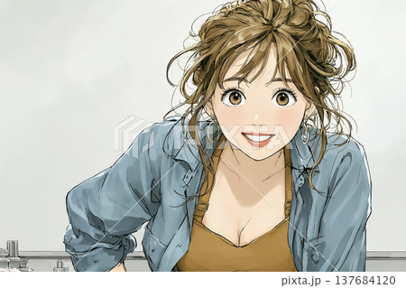 美優シリーズ：前かがみで笑顔を向ける若い女性 白背景の上半身イラスト素材 137684120