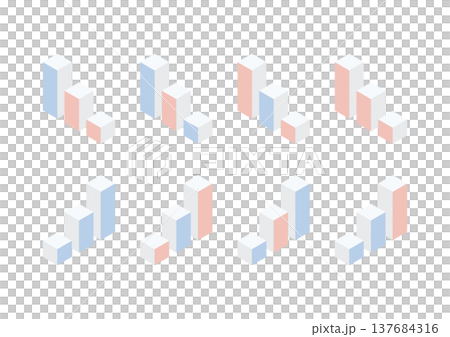 由三個不同顏色（紅色和藍色）的長條組成的長條圖的等距設計。 137684316