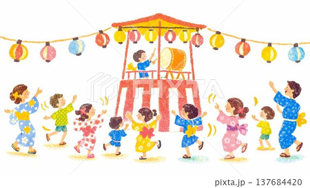 盆踊りのやぐらを囲んで踊る人々のイラスト 盆踊りのやぐらを囲んで踊る人々のイラスト 137684420