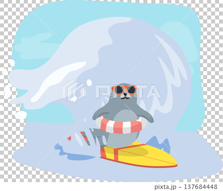seal surfing on wave with surfboard and sunglasses cute summer cartoon illustration 137684448