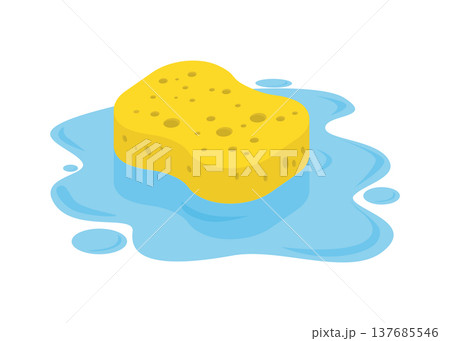 Yellow porous kitchen sponge soaking up a blue water spill stock illustration. 137685546