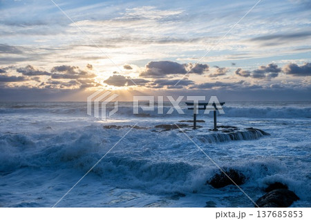 荒れる神磯の鳥居の日の出 荒れる神磯の鳥居の日の出 137685853