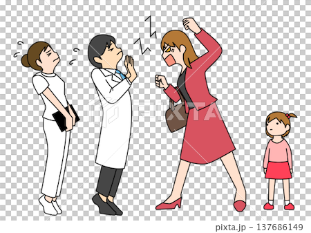 病院で医師や看護師に激しく抗議する女性と困惑するスタッフ・医療現場におけるカスタマーハラスメント 137686149