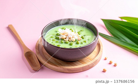 Green Pea Soup with Seeds and Herbs Garnish Green Pea Soup with Seeds and Herbs Garnish 137686156