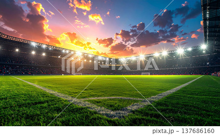 Soccer Stadium with Fiery Dramatic Sky Background Soccer Stadium with Fiery Dramatic Sky Background 137686160