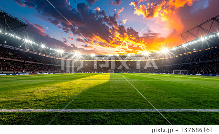 Soccer Stadium with Fiery Dramatic Sky Background Soccer Stadium with Fiery Dramatic Sky Background 137686161