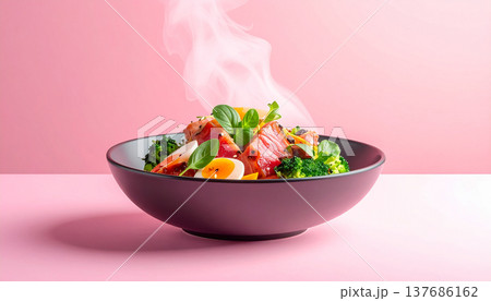 Fresh Fruit Dessert Bowl with Steam on Pink Background Fresh Fruit Dessert Bowl with Steam on Pink Background 137686162