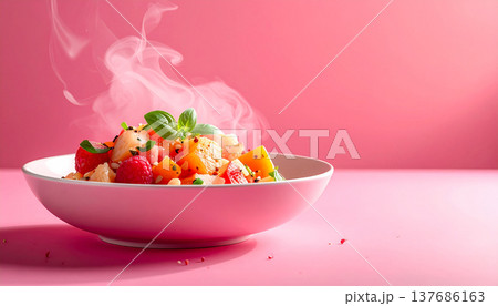 Fresh Fruit Dessert Bowl with Steam on Pink Background Fresh Fruit Dessert Bowl with Steam on Pink Background 137686163