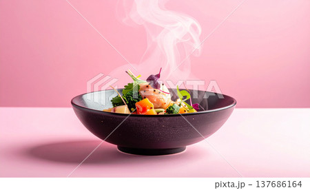 Fresh Fruit Dessert Bowl with Steam on Pink Background 137686164