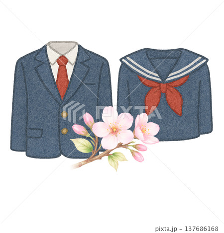 桜の花と学生服の水彩イラスト 入学式と新学期素材 137686168