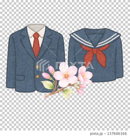櫻花和校服的水彩插圖;適合入學典禮和新學年開始時使用。 櫻花和校服的水彩插圖;適合入學典禮和新學年開始時使用。 137686168