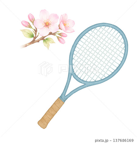 桜の花とテニスラケットの水彩イラスト スポーツ素材 137686169