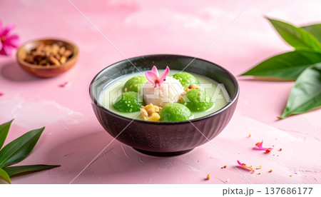Green Soup with Fresh Herbs on Pink Background Green Soup with Fresh Herbs on Pink Background 137686177