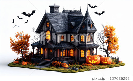Spooky Halloween Haunted House Illustration with Pumpkins and Bats Spooky Halloween Haunted House Illustration with Pumpkins and Bats 137686292