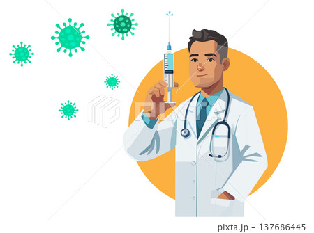 Professional Male Doctor Holding Medical Syringe for Vaccination 137686445