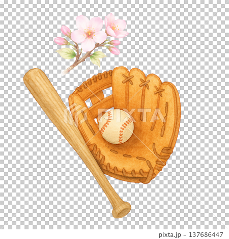 櫻花、棒球手套和球棒的水彩插圖。棒球運動相關素材。 137686447