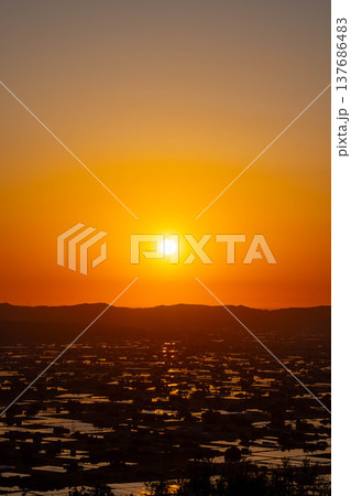 【初夏の絶景】初夏の砺波平野・散居村の夕暮れと水田のリフレクション【富山県】 137686483