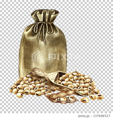 Soy. A filled burlap bag tied with a rope, a wooden spatula, and a soy pod. A handmade watercolor illustration. Perfect for creating product labels, posters, banners, menus, and more. 137686527