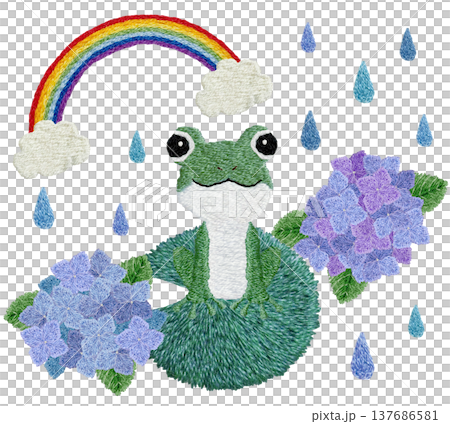 [Frog, Hydrangea, and Rainbow] Hand-embroidered illustration material 137686581