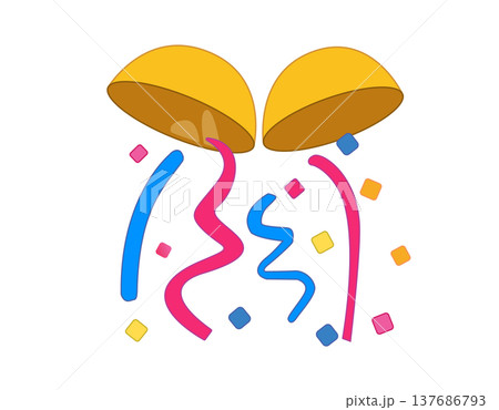 Golden party poppers flat icon exploding with colorful confetti and streamers for celebration Golden party poppers flat icon exploding with colorful confetti and streamers for celebration 137686793
