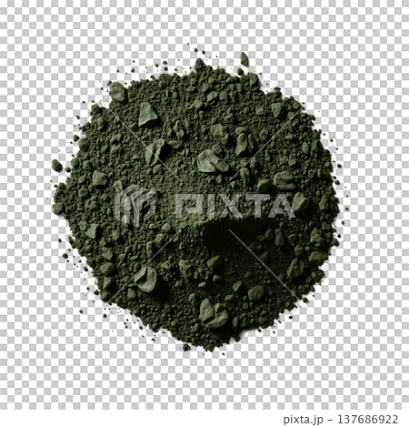 Spirulina powder superfood dark green pile of natural health supplement isolated on a transparent background for wellness designs 137686922