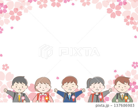 ランドセルを背負った小学生と桜のフレーム　入学　入学式 137686983
