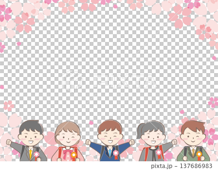 ランドセルを背負った小学生と桜のフレーム　入学　入学式 137686983