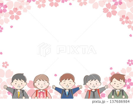 ランドセルを背負った小学生と桜のフレーム　入学　入学式 137686984