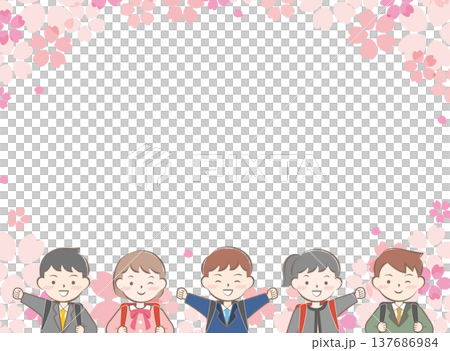 ランドセルを背負った小学生と桜のフレーム　入学　入学式 137686984
