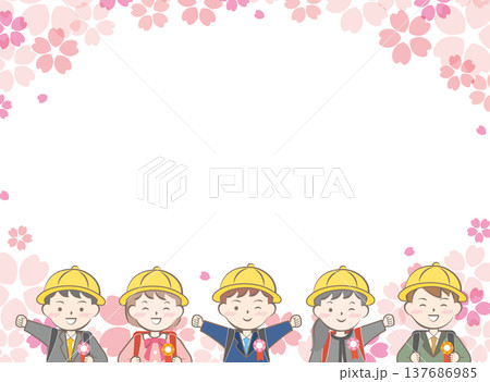 ランドセルを背負った小学生と桜のフレーム　入学　入学式 137686985