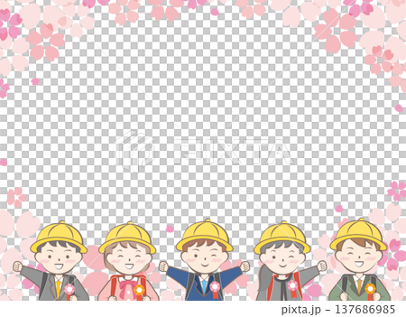 ランドセルを背負った小学生と桜のフレーム　入学　入学式 137686985