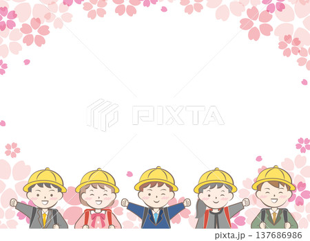 ランドセルを背負った小学生と桜のフレーム　入学　入学式 137686986