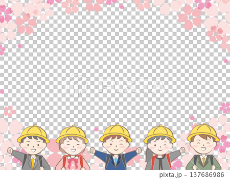 ランドセルを背負った小学生と桜のフレーム　入学　入学式 137686986