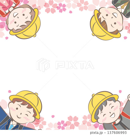 ランドセルを背負った小学生と桜のフレーム　入学　入学式 137686993