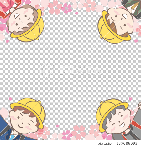 ランドセルを背負った小学生と桜のフレーム　入学　入学式 137686993